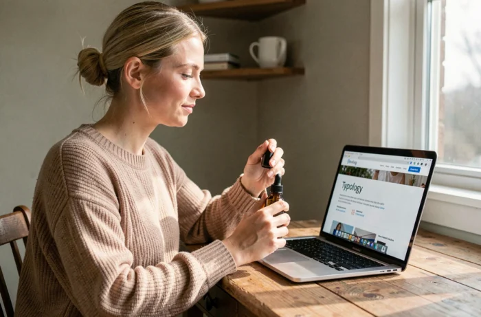 Femme consultant le site web Typology sur son ordinateur portable pour savoir où acheter les produits