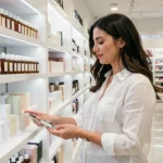 Femme parcourant les produits de soin Typology dans un magasin Sephora aux rayons bien organisés