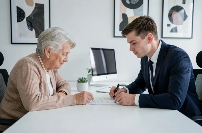Femme âgée en consultation gratuite avec un jeune notaire dans un bureau moderne en 2026
