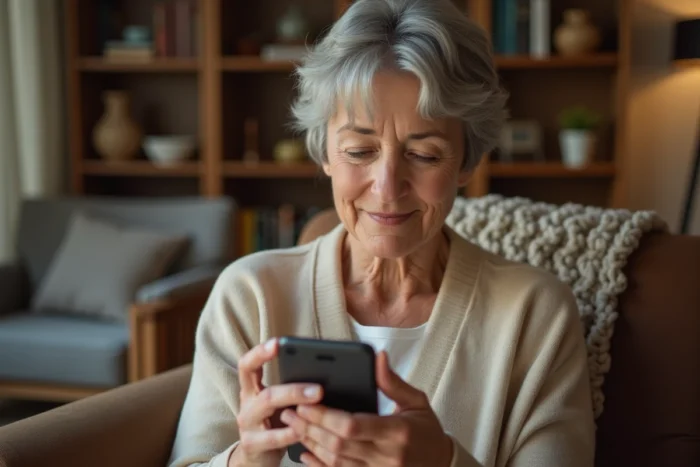 Femme âgée tenant un téléphone portable basique à grandes touches dans un salon chaleureux