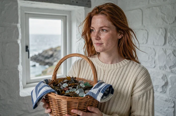 Jeune femme bretonne tenant un panier artisanal en osier avec tissus et objets naturels côtiers