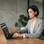 Femme professionnelle travaillant sur un ultrabook dans un bureau moderne avec tableau de bord numérique visible à l'écran