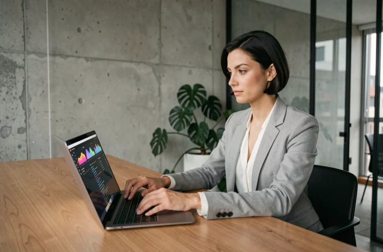 Femme professionnelle travaillant sur un ultrabook dans un bureau moderne avec tableau de bord numérique visible à l'écran