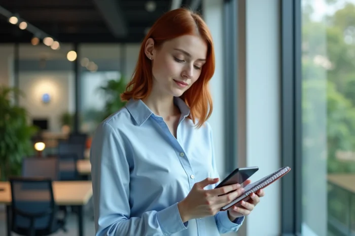 Jeune femme en bureau notant des informations après une recherche sur un annuaire téléphonique inversé