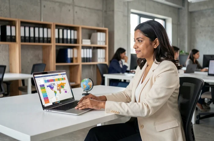 Femme consultante en fiscalité comparant des systèmes fiscaux mondiaux sur un ordinateur portable