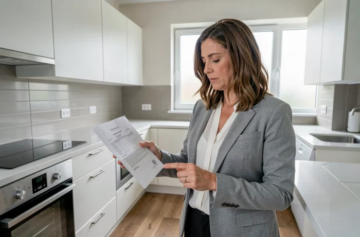 Femme consultant un contrat immobilier dans une cuisine équipée moderne lors d'un achat de bien