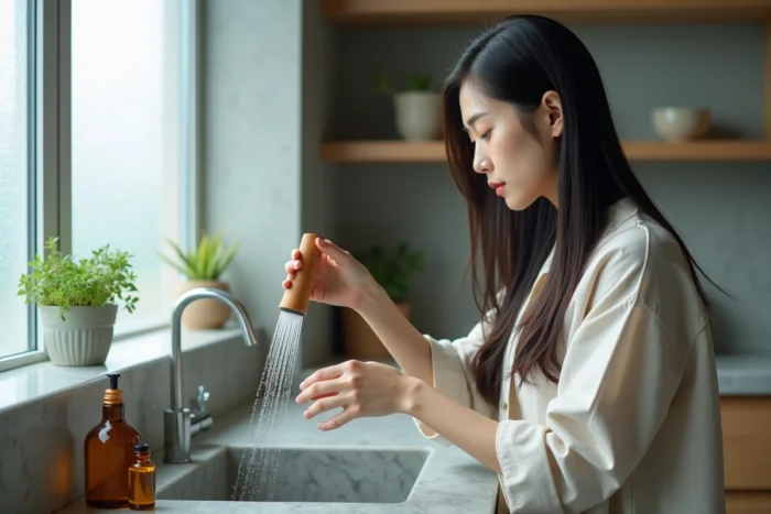 Femme coréenne rinçant ses cheveux longs et soyeux avec de l'eau de riz dans une cuisine moderne de style coréen