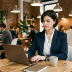 Femme professionnelle travaillant dans un espace de coworking moderne à Bruxelles avec laptop et café