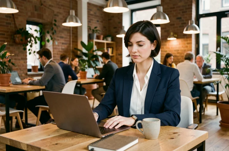 Femme professionnelle travaillant dans un espace de coworking moderne à Bruxelles avec laptop et café
