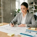 Une femme professionnelle dessine un sitemap de site web sur du papier dans un espace de travail moderne, illustrant l'organisation de la navigation