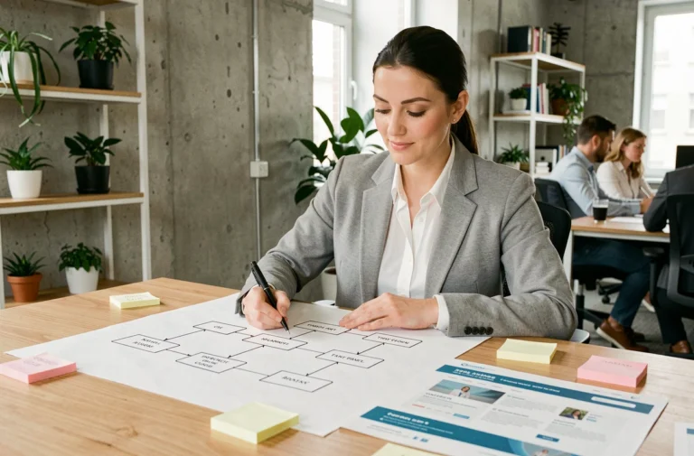 Une femme professionnelle dessine un sitemap de site web sur du papier dans un espace de travail moderne, illustrant l'organisation de la navigation