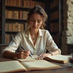 Femme écrivant des vers à la plume sur des manuscrits dans un bureau en pierre parisien