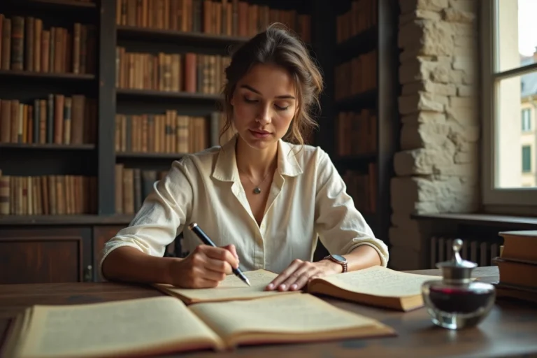Femme écrivant des vers à la plume sur des manuscrits dans un bureau en pierre parisien