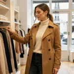 Femme élégante en manteau camel parcourant les vêtements dans une boutique parisienne minimaliste