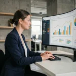 Femme professionnelle travaillant sur un espace business en ligne dans un co-working moderne