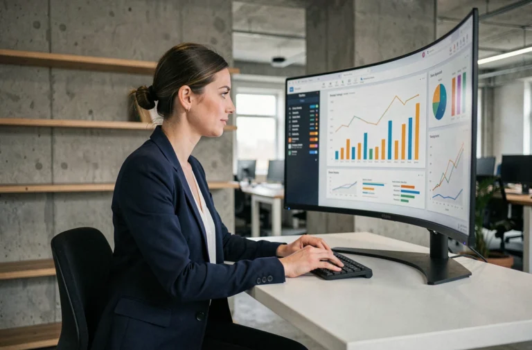 Femme professionnelle travaillant sur un espace business en ligne dans un co-working moderne