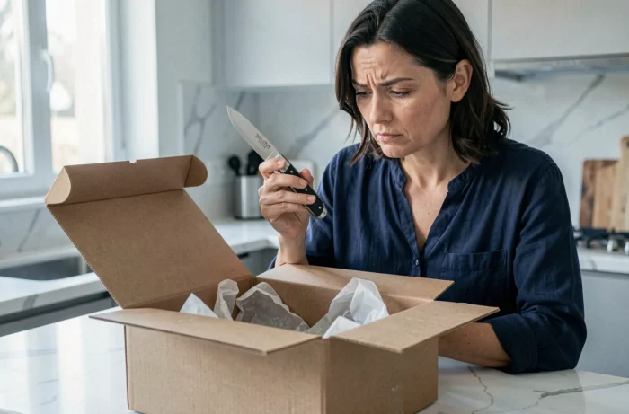 Femme inspectant un couteau Laguiole reçu dans un colis e-commerce, expression dubitative dans une cuisine moderne