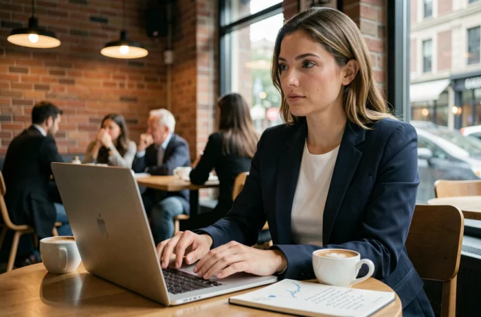 Une jeune femme en blazer navy planifie ses investissements boursiers sur un ordinateur portable dans un café moderne, symbolisant une approche sereine de la bourse en 2024
