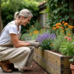 Femme jardinant autour d'un bac en bois surélevé planté de lavande et romarin dans un jardin fleuri et verdoyant