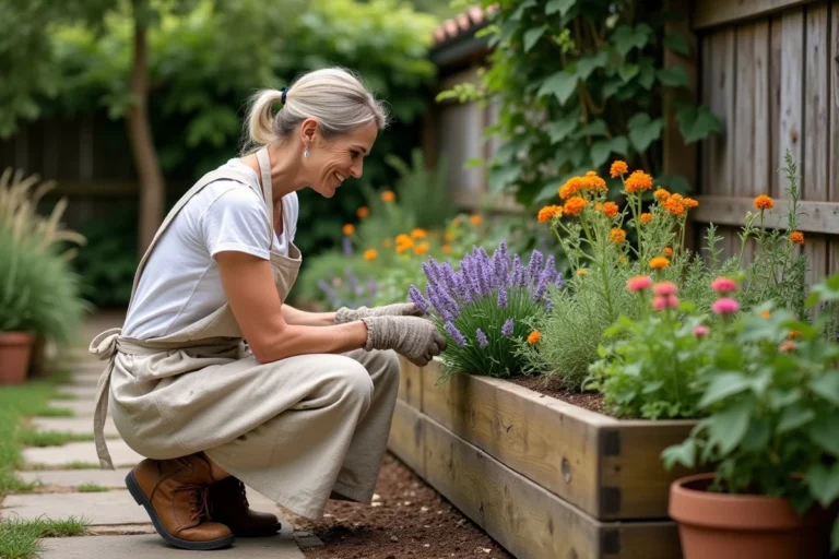 Femme jardinant autour d'un bac en bois surélevé planté de lavande et romarin dans un jardin fleuri et verdoyant