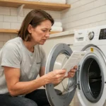 Femme lisant la notice du lave-linge Whirlpool 6th Sense dans une buanderie moderne