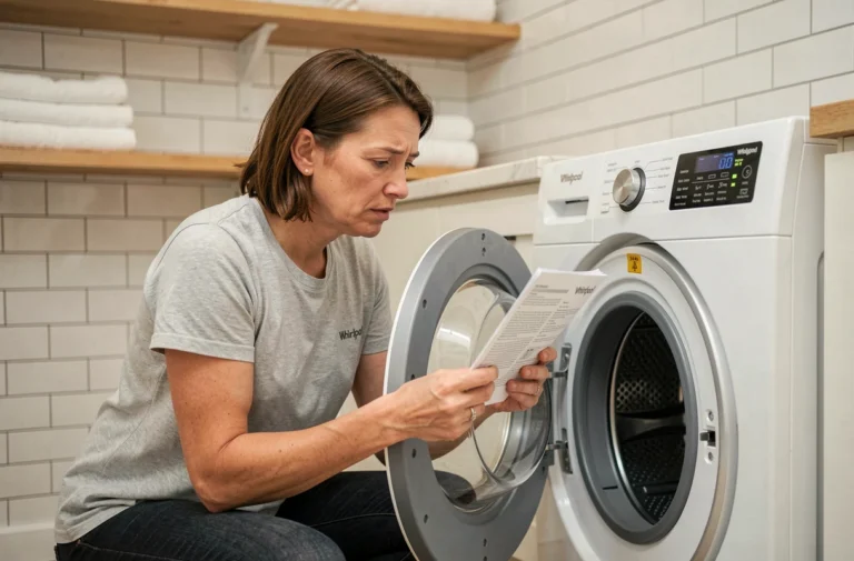 Femme lisant la notice du lave-linge Whirlpool 6th Sense dans une buanderie moderne
