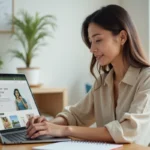 Femme naviguant sur le plan du site d'un blog bien-être depuis son bureau à domicile