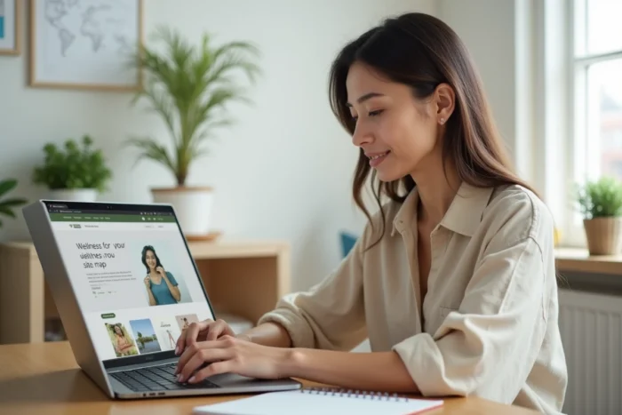 Femme naviguant sur le plan du site d'un blog bien-être depuis son bureau à domicile