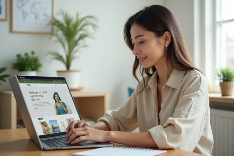 Femme naviguant sur le plan du site d'un blog bien-être depuis son bureau à domicile