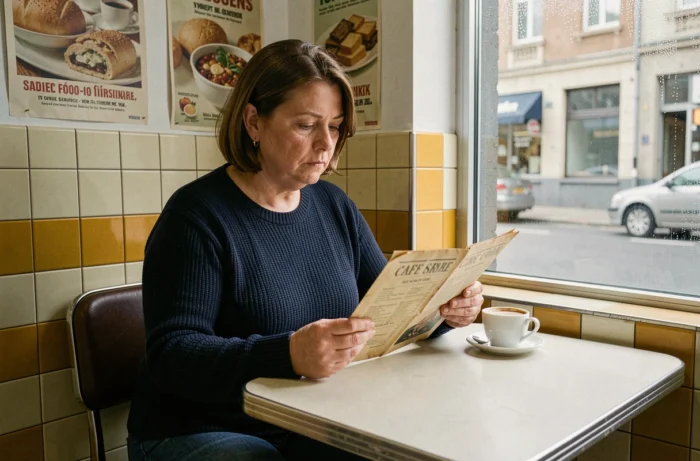 Femme d'âge mûr feuilletant nostalgiquement un ancien menu de restaurant dans un décor rétro français, illustration de la nostalgie des chaînes de restauration disparues