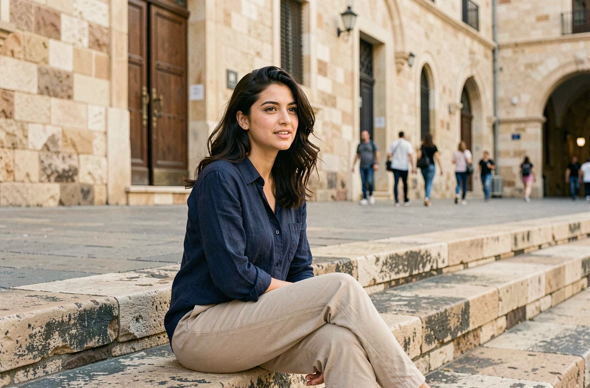 Jeune femme d'origine libanaise assise sur des marches en pierre devant un bâtiment historique, expression naturelle et cheveux ondulés foncés