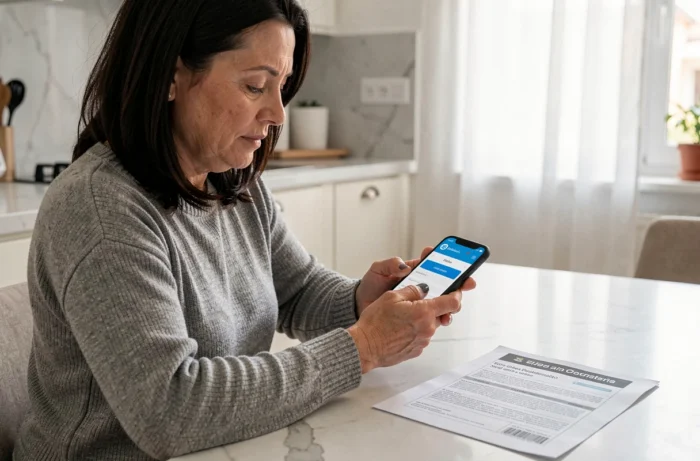 Femme payant une amende DGT espagnole en ligne depuis son smartphone