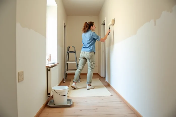 Femme appliquant de la peinture blanche sur un mur lors d'une rénovation de couloir