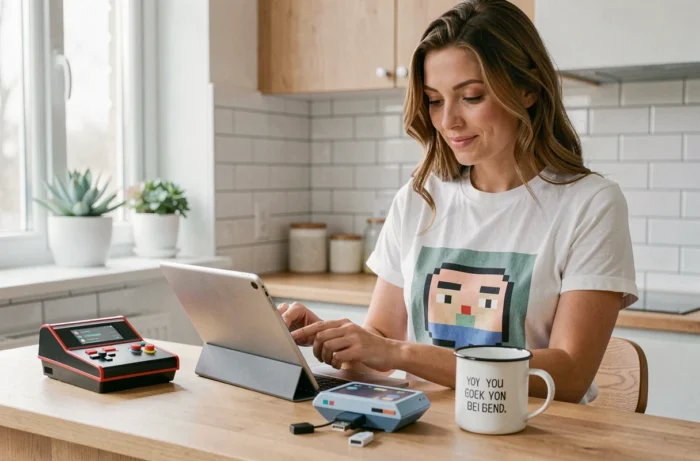Femme consultant des produits geek sur tablette avec gadgets originaux sur un comptoir de cuisine minimaliste
