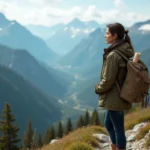 Femme randonneuse contemplant une vallée alpine depuis un sentier de montagne avec sac à dos et veste en toile