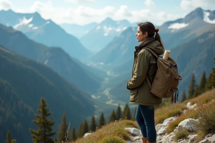 Femme randonneuse contemplant une vallée alpine depuis un sentier de montagne avec sac à dos et veste en toile