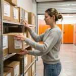 Femme rangeant des cartons étiquetés dans un garde meuble moderne et sécurisé à Pessac