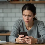Femme consultant son smartphone pour identifier un numéro inconnu via un annuaire inversé