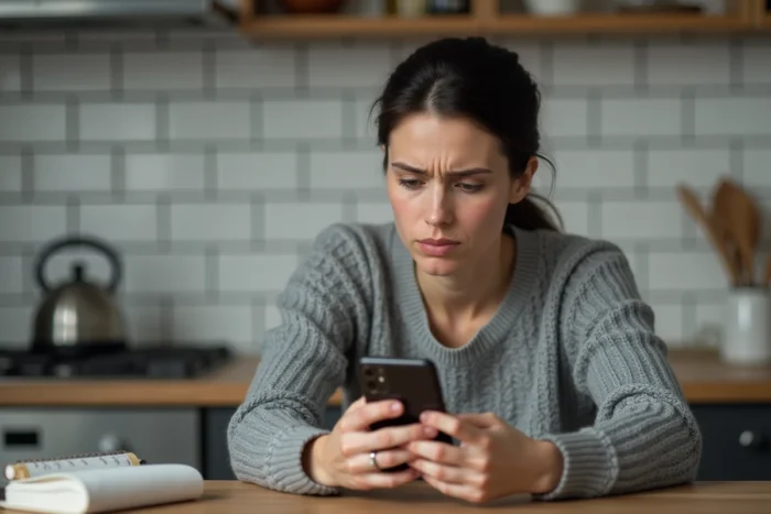 Femme consultant son smartphone pour identifier un numéro inconnu via un annuaire inversé