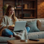 Jeune femme regardant un film en streaming sur son ordinateur portable depuis son canapé avec du popcorn