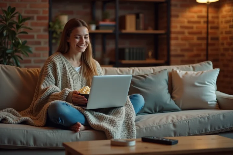 Jeune femme regardant un film en streaming sur son ordinateur portable depuis son canapé avec du popcorn