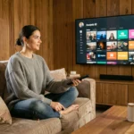 Femme regardant un service de streaming légal sur sa télévision connectée depuis son canapé en 2024