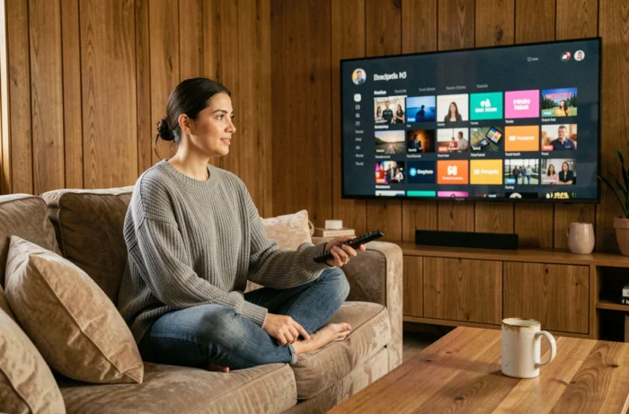 Femme regardant un service de streaming légal sur sa télévision connectée depuis son canapé en 2024