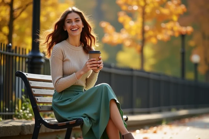Femme élégante en jupe midi et bottines assise dans un parc en automne, style mode maman