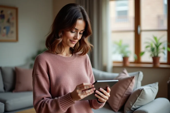 Femme consultant le plan du site d'un magazine féminin sur une tablette dans son salon