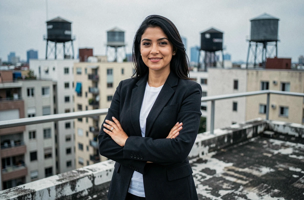 Femme aux cheveux foncés et à la peau olivâtre debout sur une terrasse urbaine avec une veste sombre, regard confiant sur fond de skyline