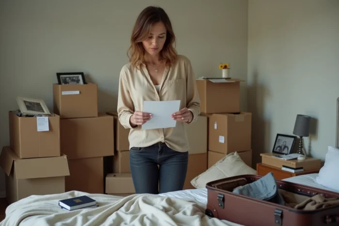 Femme tenant un courrier officiel près d'une valise ouverte lors d'une préparation de départ à l'étranger avec des dettes en France