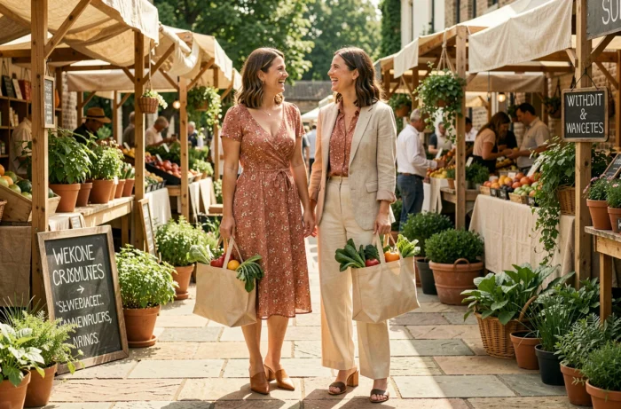 Deux femmes élégantes riant ensemble dans un marché en plein air avec des tenues casual-chic tendance