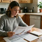 Femme qui gère son budget mensuel avec des feuilles de calcul et des reçus sur une table de cuisine en bois