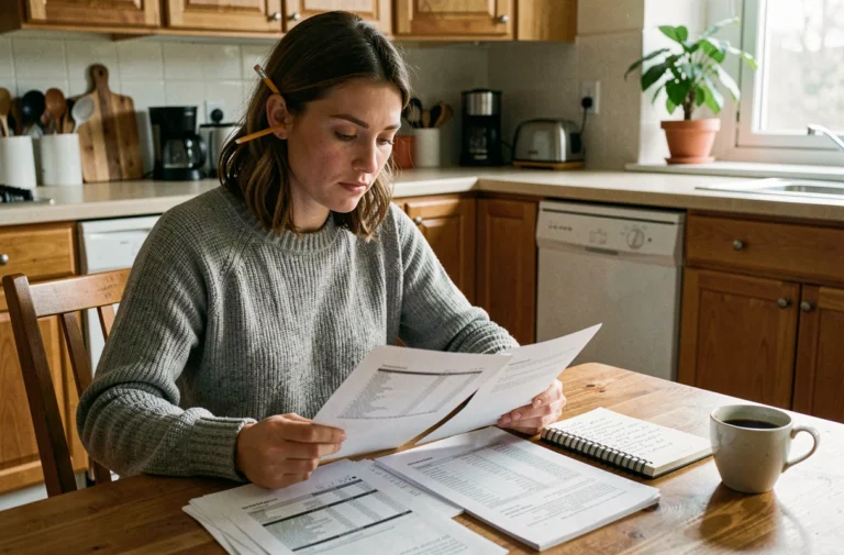Femme qui gère son budget mensuel avec des feuilles de calcul et des reçus sur une table de cuisine en bois